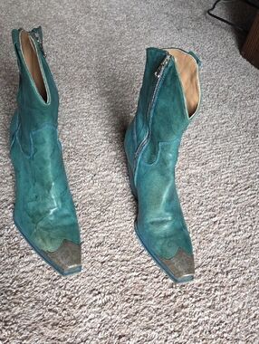 Free People Teal Leather Pointed Toe Zip Ankle Boots